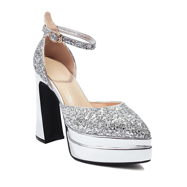 Sequin Pointed Toe Closed Toe Sandals with Chunky Heel and Ankle Strap