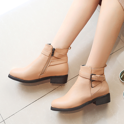 Women's Low Heel Round Toe Side Zip Ankle Boots with Buckle and Metal Decoration