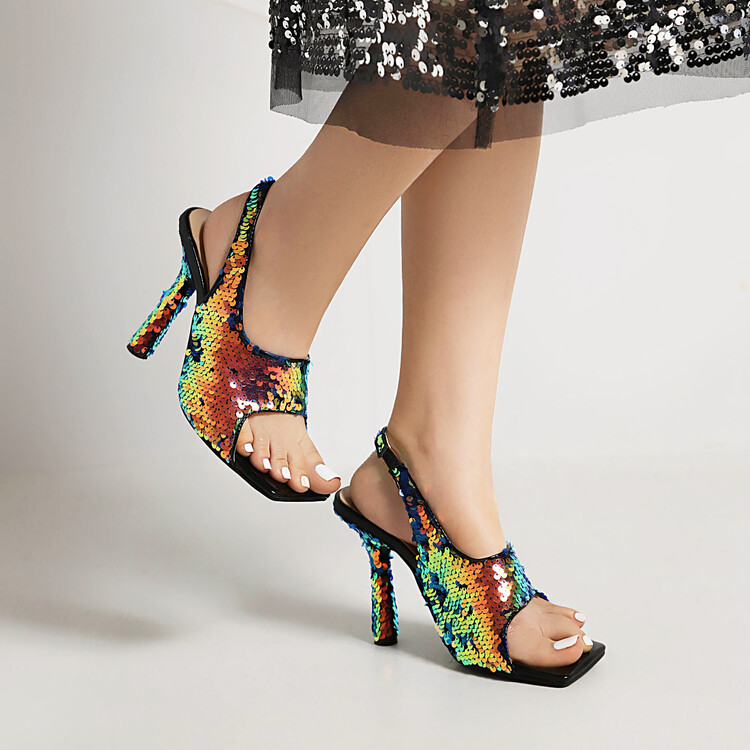 Women's Peep Toe Sequin Sandals with Sculpted High Heel