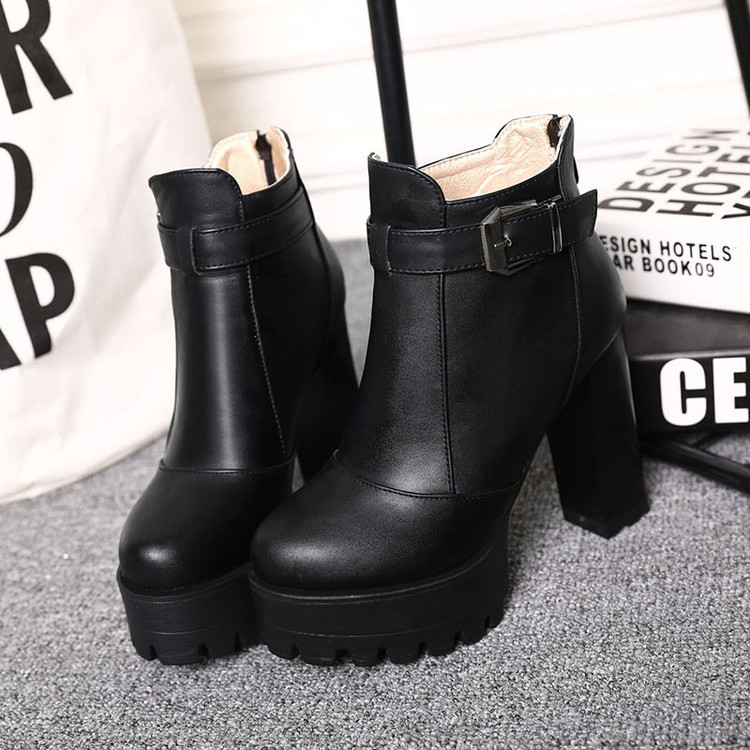 Women's Round Toe Chunky High Heel Ankle Boots with Buckle and Platform