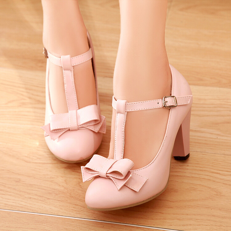Women's Sweet High Heel Chunky Pump Shoes with Bow - Solid Color Slip-On